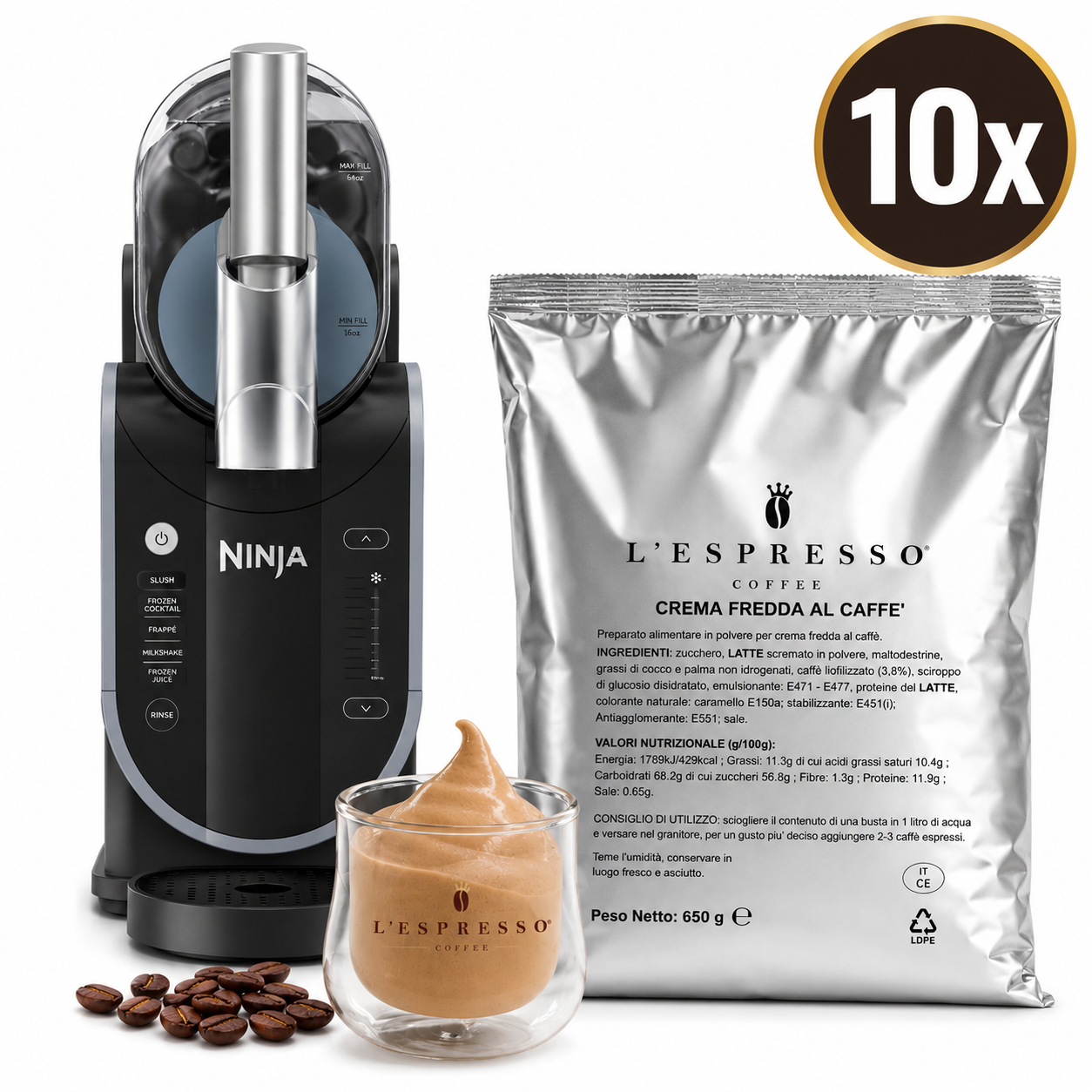 Ninja SLUSHi Frozen Drink Maker + 10x Crema Caffè (650g)